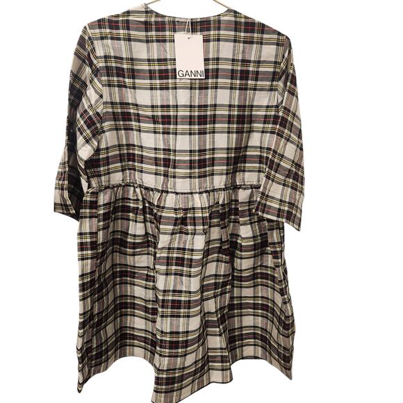 Ganni linen tartan print babydoll dress size 10 - Picture 3 of 5